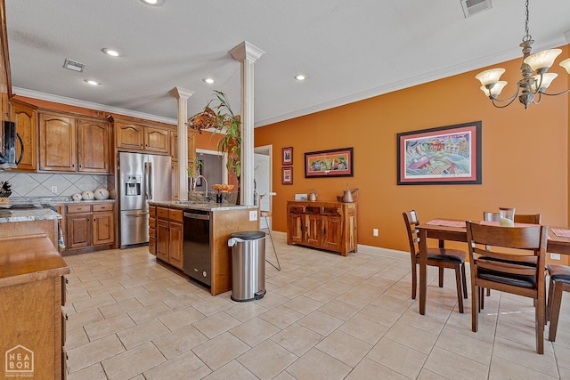 kitchen with crown molding, dishwashing machine, and stainless steel refrigerator with ice dispenser