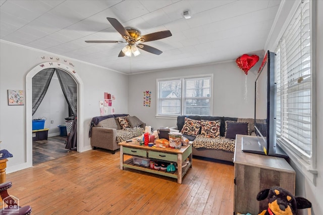 living room featuring crown molding, a ceiling fan, and wood-type flooring