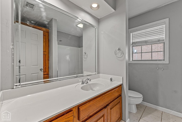 bathroom with vanity, visible vents, toilet, tile patterned floors, and baseboards