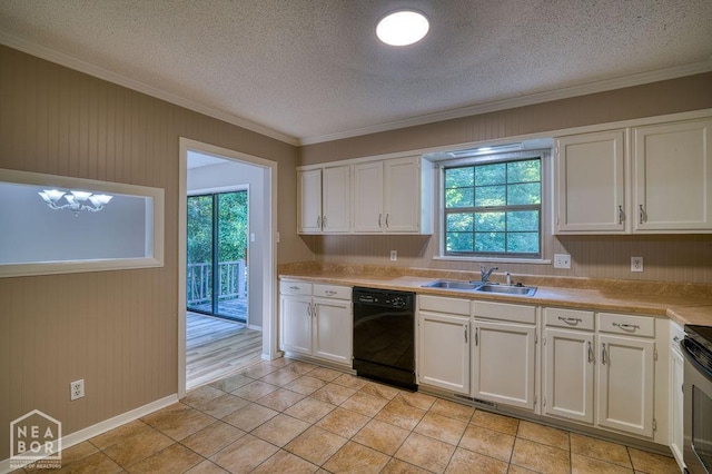 1610 Smoot Dr, Jonesboro, AR 72401 - kitchen featuring ornamental molding, white cabinets, dishwasher, light countertops, and a textured ceiling