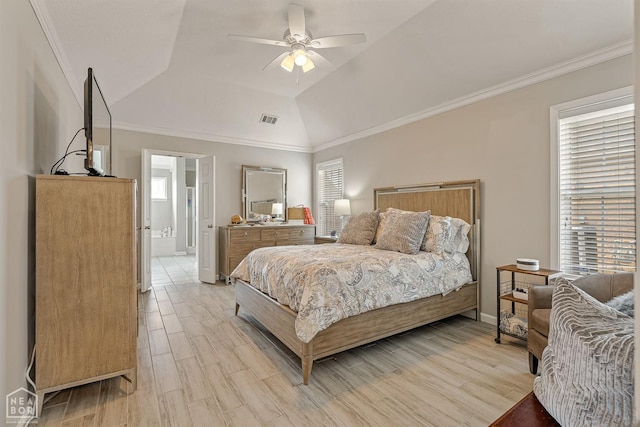 bedroom featuring visible vents, light wood-style floors, ornamental molding, and multiple windows