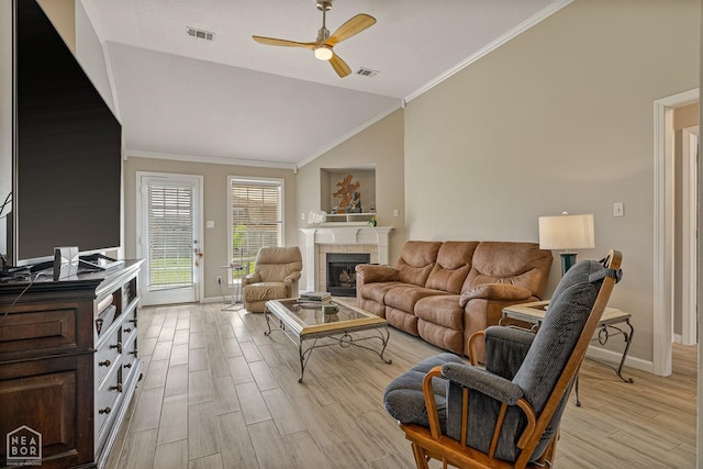 living room with visible vents, light wood-style floors, baseboards, vaulted ceiling, and a ceiling fan