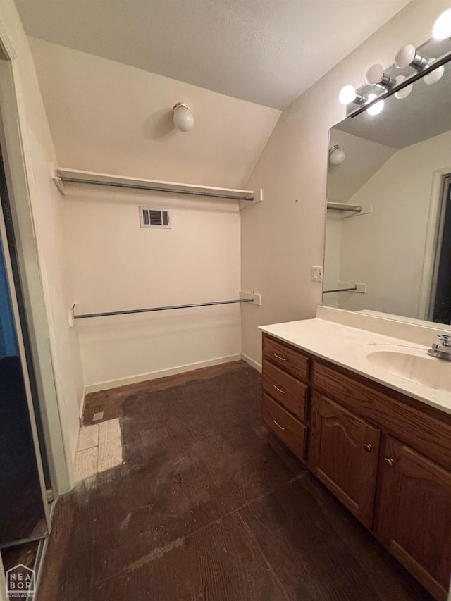 100 Charleston Dr, Walnut Ridge, AR 72476 - bathroom featuring vaulted ceiling, vanity, and wood finished floors