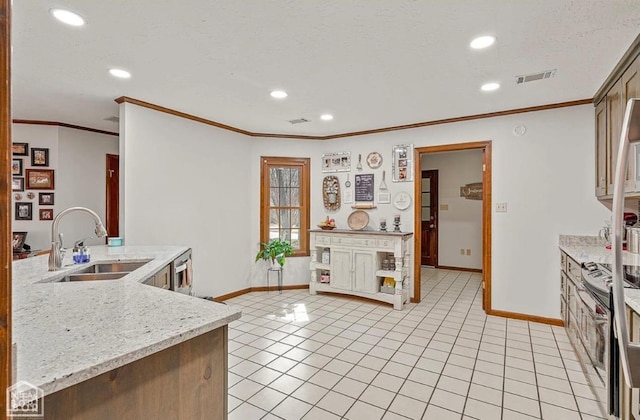 kitchen featuring baseboards, crown molding, a sink, and visible vents