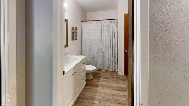 bathroom featuring toilet, vanity, a textured wall, and wood finished floors