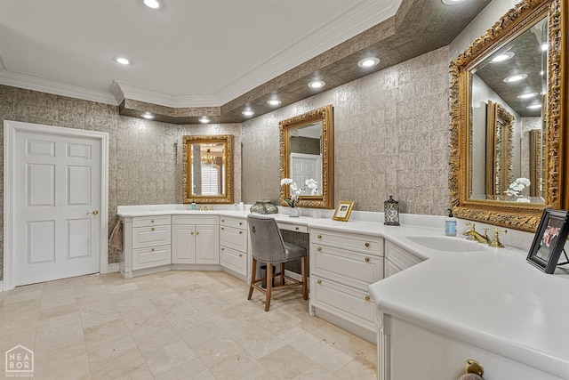 full bathroom featuring crown molding, a sink, recessed lighting, and marble look tile flooring