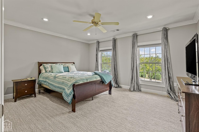 bedroom with light carpet, baseboards, ornamental molding, recessed lighting, and a ceiling fan