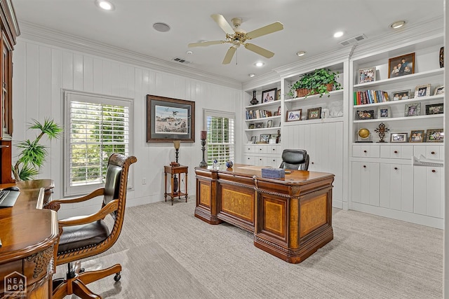 office area with light carpet, crown molding, ceiling fan, and recessed lighting