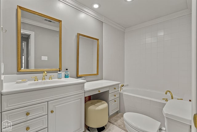 bathroom with toilet, crown molding, vanity, tile patterned flooring, and recessed lighting