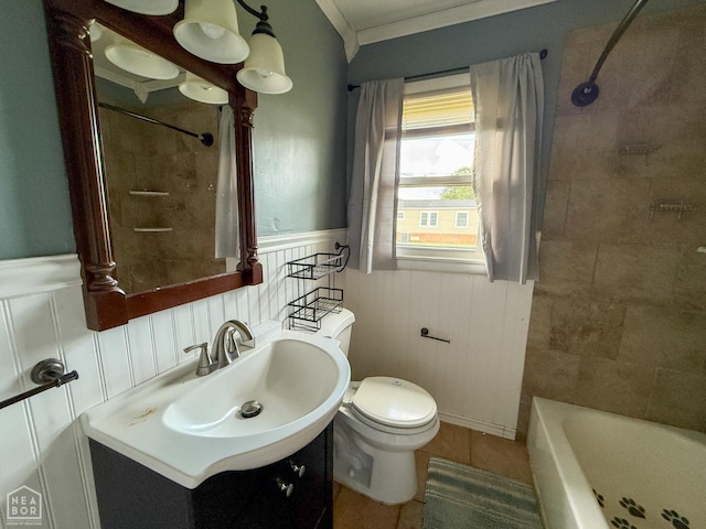207 11th St, Marked Tree, AR 72365 - full bathroom with vanity, wainscoting, ornamental molding, a decorative wall, and tile patterned floors