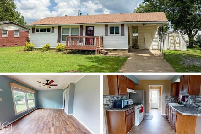 207 11th St, Marked Tree, AR 72365 - kitchen featuring open floor plan, white range with gas cooktop, decorative backsplash, and ceiling fan