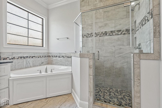 full bathroom with a bath, ornamental molding, and a stall shower