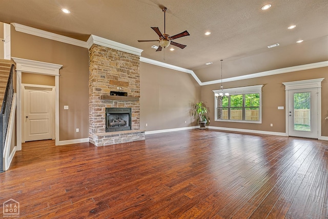 719 Smithfield Dr, Jonesboro, AR 72401 - unfurnished living room featuring ceiling fan, a fireplace, ornamental molding, recessed lighting, and hardwood / wood-style flooring