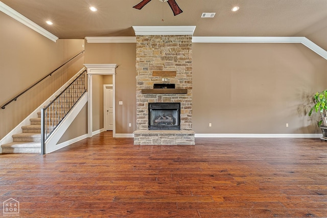 719 Smithfield Dr, Jonesboro, AR 72401 - unfurnished living room with ornamental molding, ceiling fan, recessed lighting, a fireplace, and wood finished floors