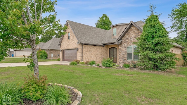 719 Smithfield Dr, Jonesboro, AR 72401 - view of front facade featuring a garage, stone siding, driveway, roof with shingles, and a front yard