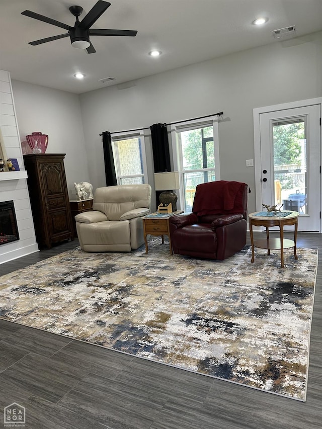 105 Brayden Ln, Brookland, AR 72417 - living area with ceiling fan, recessed lighting, and a fireplace