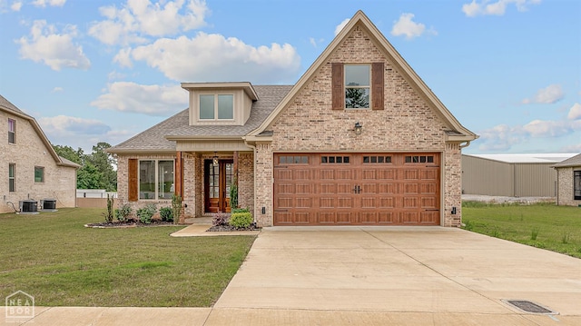 3425 Hudson Ct, Jonesboro, AR 72405 - view of front of house featuring brick siding, a front yard, a garage, a shingled roof, and cooling unit