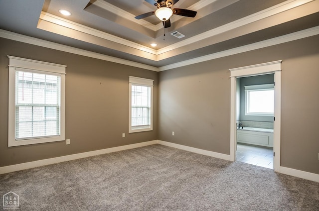 carpeted empty room with visible vents, ornamental molding, a raised ceiling, and a wealth of natural light