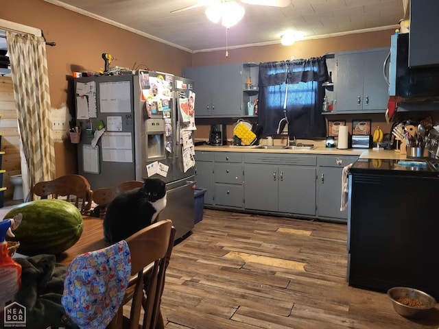 1701 Duncan Rd, Jonesboro, AR 72401 - kitchen with ornamental molding, appliances with stainless steel finishes, gray cabinets, a ceiling fan, and open shelves