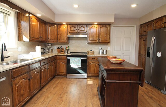 kitchen with light wood-type flooring, under cabinet range hood, a sink, and stainless steel appliances