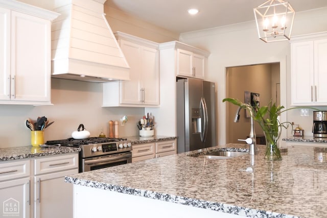 3997 Hwy 351, Jonesboro, AR 72405 - kitchen featuring custom range hood, stainless steel appliances, white cabinetry, a sink, and light stone counters