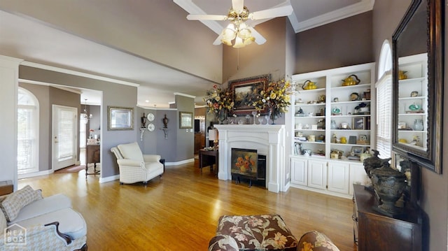 3102 Sara Creek Dr, Jonesboro, AR 72401 - living area featuring crown molding, a fireplace, a ceiling fan, and light wood finished floors