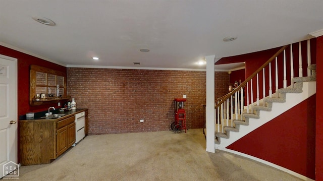 3102 Sara Creek Dr, Jonesboro, AR 72401 - indoor bar with brick wall, light colored carpet, stairs, dishwasher, and crown molding