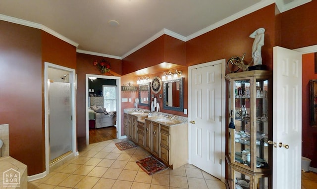 3102 Sara Creek Dr, Jonesboro, AR 72401 - full bath with vanity, crown molding, tile patterned floors, and a stall shower