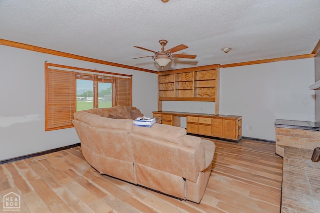812 Glendale St, Jonesboro, AR 72401 - living area featuring ornamental molding, ceiling fan, light wood finished floors, a textured ceiling, and baseboards