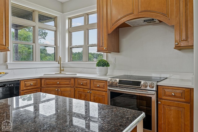 4217 Lochmoor Cir, Jonesboro, AR 72405 - kitchen featuring stainless steel electric range oven, a sink, plenty of natural light, and brown cabinetry