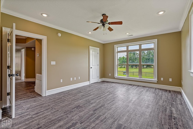4217 Lochmoor Cir, Jonesboro, AR 72405 - unfurnished room with ceiling fan, baseboards, dark wood-style floors, crown molding, and recessed lighting