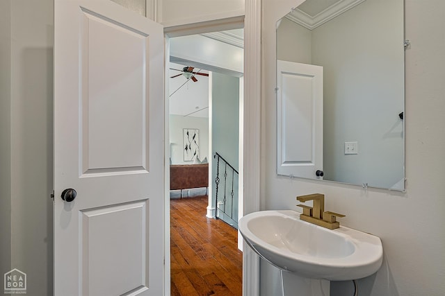 4217 Lochmoor Cir, Jonesboro, AR 72405 - bathroom featuring crown molding, wood finished floors, a sink, and ceiling fan