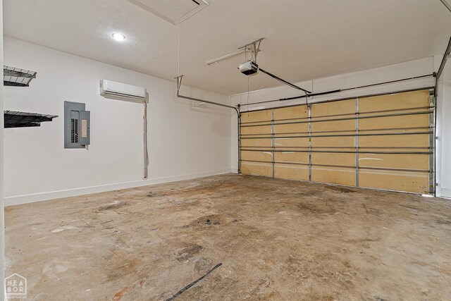 4217 Lochmoor Cir, Jonesboro, AR 72405 - garage featuring electric panel, a wall mounted AC, a garage door opener, and baseboards