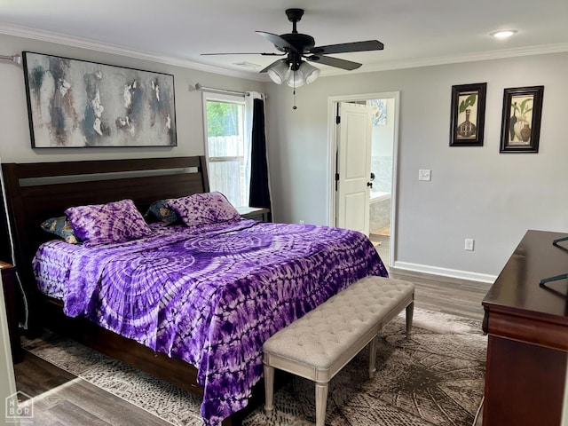 5204 Bridger Park Ct, Jonesboro, AR 72405 - bedroom with wood finished floors, crown molding, ensuite bathroom, and ceiling fan