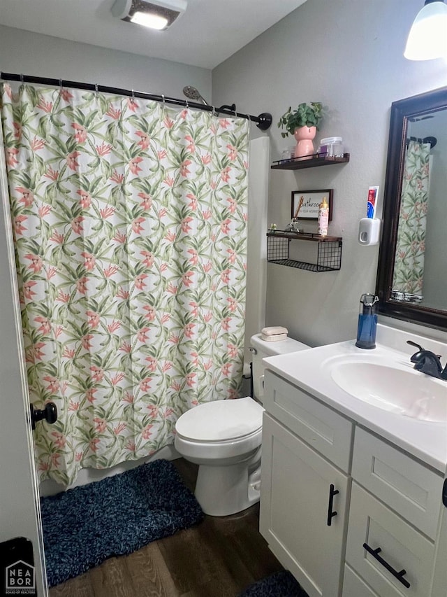 5204 Bridger Park Ct, Jonesboro, AR 72405 - bathroom featuring wood finished floors, vanity, and a shower with shower curtain