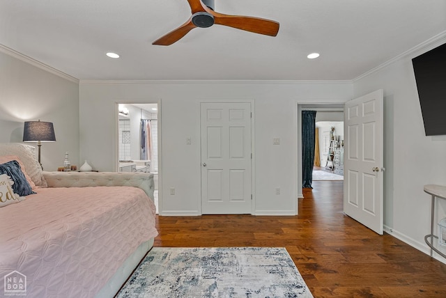 3500 Big Creek Cv, Jonesboro, AR 72404 - bedroom with crown molding, wood finished floors, recessed lighting, a ceiling fan, and ensuite bath