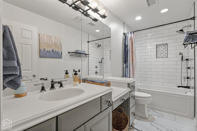 3500 Big Creek Cv, Jonesboro, AR 72404 - full bathroom featuring vanity, shower / tub combo with curtain, marble finish floors, and recessed lighting