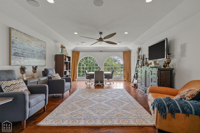 3500 Big Creek Cv, Jonesboro, AR 72404 - living area featuring ceiling fan, dark wood-style floors, a textured ceiling, and recessed lighting
