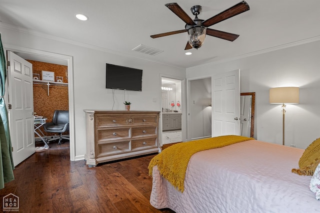 3500 Big Creek Cv, Jonesboro, AR 72404 - bedroom with crown molding, dark wood-style flooring, recessed lighting, connected bathroom, and ceiling fan