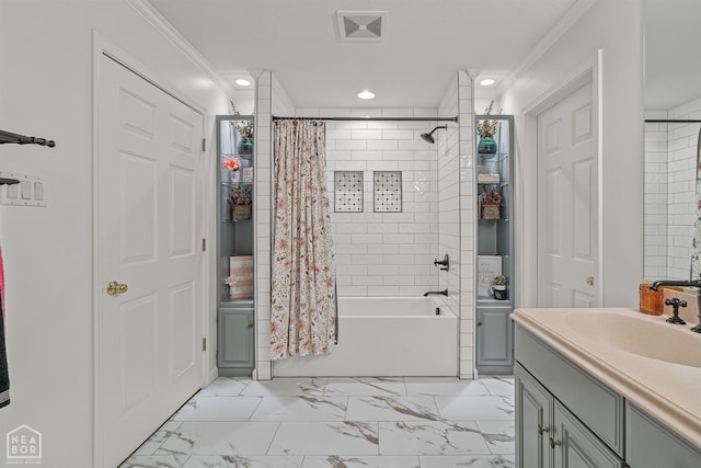 3500 Big Creek Cv, Jonesboro, AR 72404 - bathroom with ornamental molding, recessed lighting, vanity, shower / bathtub combination with curtain, and marble finish floors