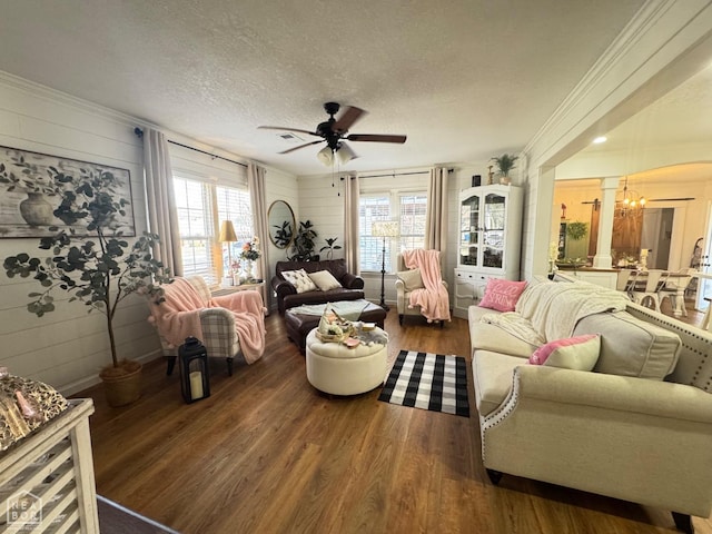 living room featuring a textured ceiling, wood finished floors, ceiling fan with notable chandelier, and a wealth of natural light