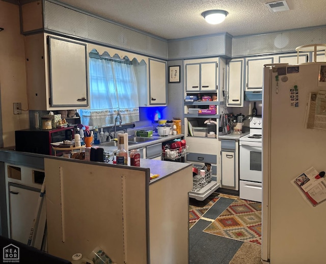 1703 W Oak Ave, Jonesboro, AR 72401 - kitchen with white appliances, a textured ceiling, a peninsula, extractor fan, and white cabinets