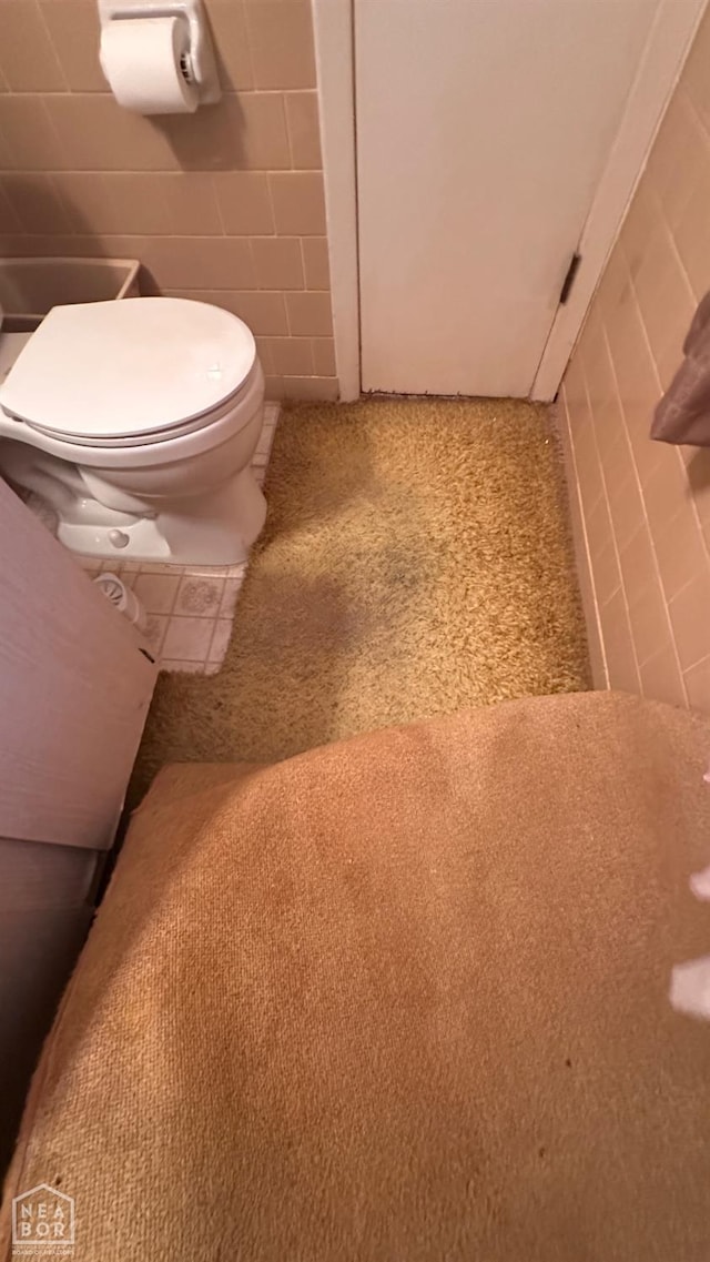 1703 W Oak Ave, Jonesboro, AR 72401 - bathroom with tile walls, tile patterned flooring, and carpet flooring
