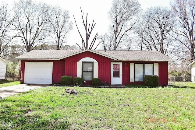 ranch-style house with concrete driveway, a front yard, fence, and a garage