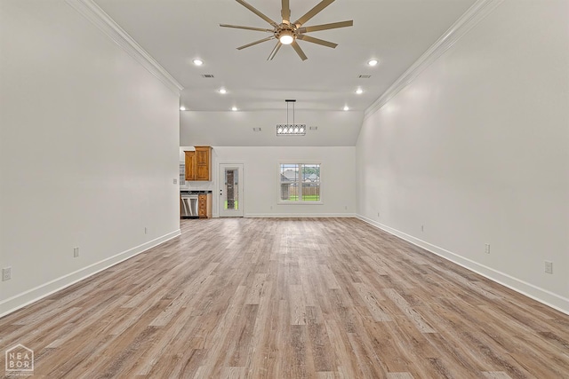 610 Airport Rd, Jonesboro, AR 72405 - unfurnished living room featuring ornamental molding, ceiling fan, baseboards, recessed lighting, and light wood-type flooring