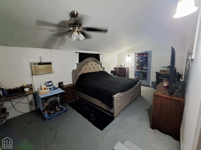 bedroom with access to outside, a ceiling fan, carpet flooring, lofted ceiling, and a wall mounted air conditioner