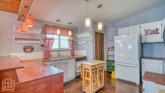 kitchen featuring dark wood-style flooring, open shelves, a sink, and white appliances