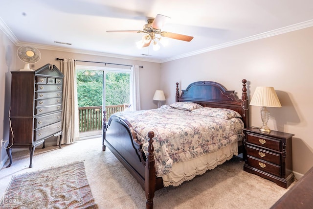 304 E Ridge Dr, West Helena, AR 72390 - bedroom with access to exterior, carpet floors, ornamental molding, and ceiling fan
