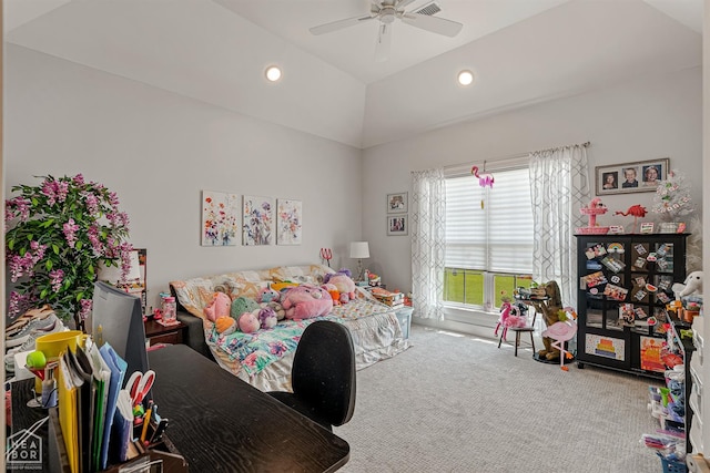 1502 S 30th St S, Paragould, AR 72450 - carpeted bedroom featuring a ceiling fan, vaulted ceiling, and recessed lighting