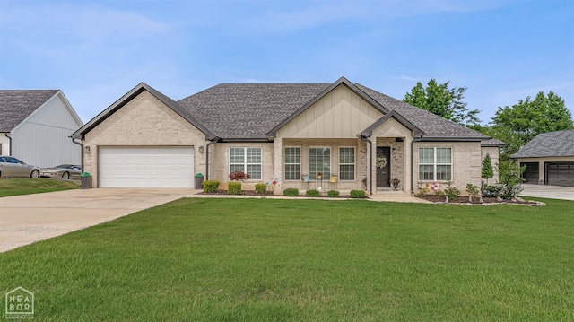 1502 S 30th St S, Paragould, AR 72450 - view of front facade featuring a garage, a front yard, concrete driveway, brick siding, and board and batten siding